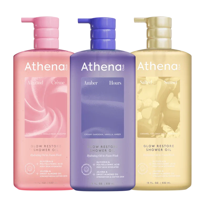 Glow Restore Shower Oil Trio - Simple Daily Essential Almond Creme, Amber Hours, Salted Sunset
